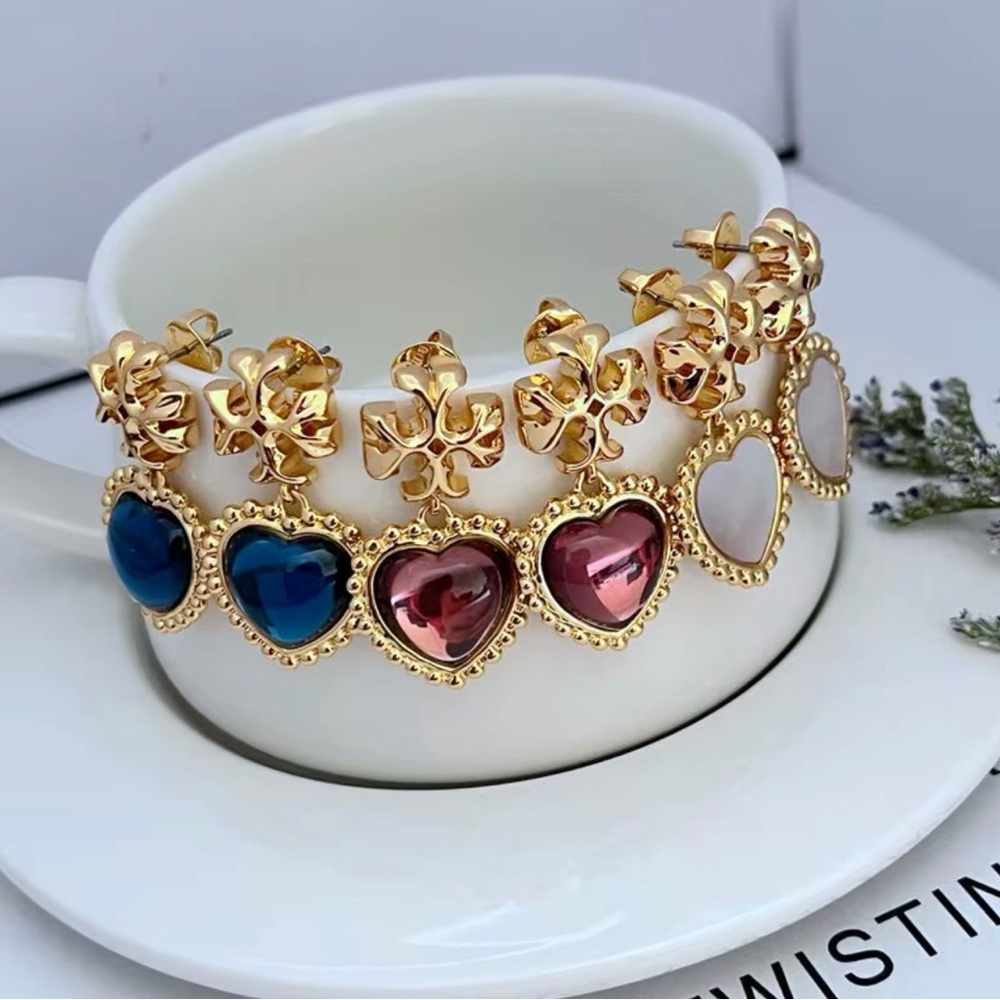 Tory Burch 18K Plated Bundle Of 3 Pairs Of Heart Earrings Blue, Pink & Mop
